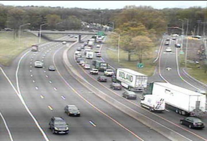 Traffic is jammed on southbound I-95 near Indian Field Road in Greenwich.
