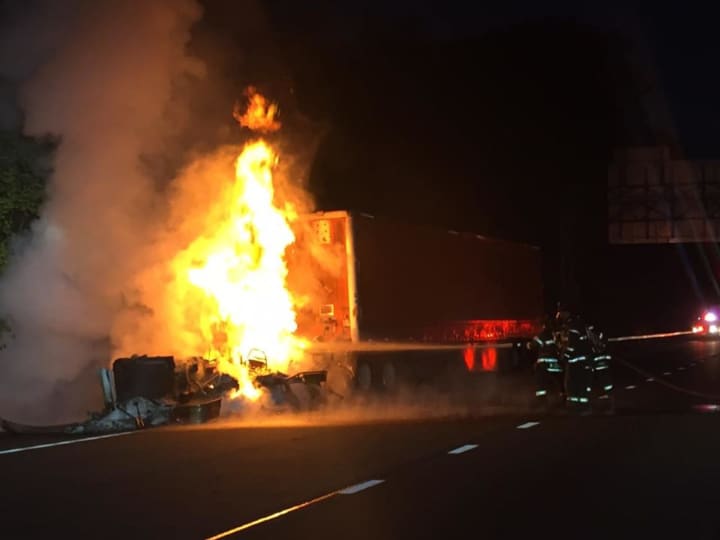 The tractor-trailer fire that shut down I-87 between exits 14 and 11 this morning.