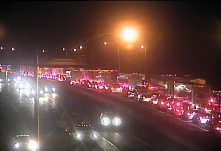 Traffic is at a standstill on I-95 near the Sherwood Island Connector due to a burning tanker truck on the southbound side between exits 18 and 19.