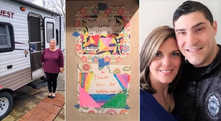 From left: Christine Slater with her current home, homemade signs that the Johnson children made for Nichole Dorn, and their proud parents, Chris and Heather Johnson