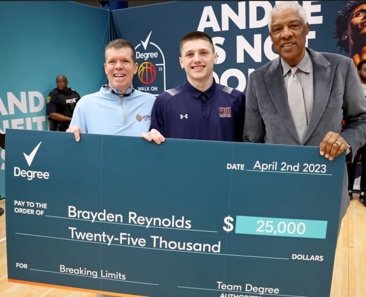 Brayden Reynolds was awarded a $25,000 NIL from Degree Deodorant and Julius Erving.