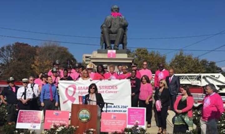 Bridgeport officials were in the pink Wednesday to kick off this weekend&#x27;s Making Strides Against Breast Cancer Walk at Seaside Park.