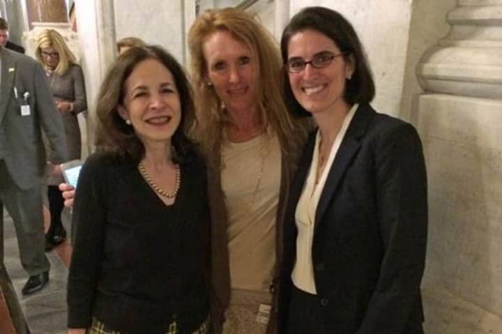 From left, state Rep. Gail Lavielle, Fairfield resident Jennifer Jacobsen and state Rep. Cristin McCarthy Vahey gather outside the House chambers.