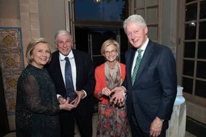 Hillary Clinton; George Gumina, Friends of the Rockefeller State Park Preserve founder and president; Dr. Lucy Rockefeller Waletzky, chair of the state Council of Parks, Recreation and Historic Preservation and former President Bill Clinton