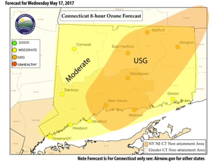 The ozone forecast for Wednesday from the Connecticut Department of Energy and Environmental Protection, showing that some areas could have unhealthy air quality conditions.