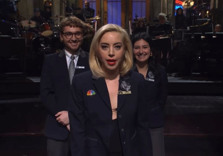 Micah Rucci, Talya Ozbelli and Aubrey Plaza on the Saturday, Jan. 21 &quot;Saturday Night Live&quot; episode.
