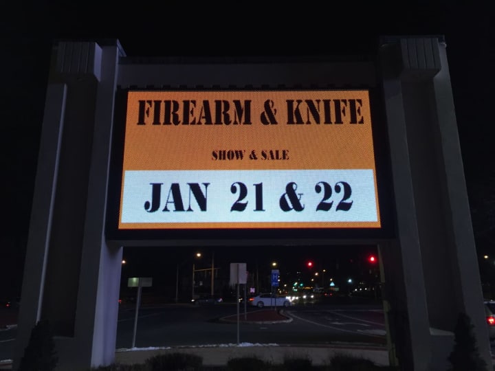 Michael Kaplowitz, D-Somers, who is chairman of the Westchester County Board of Legislators, said he learned about next month&#x27;s firearms show at the County Center from this sign. &quot;That&#x27;s a crazy way to do things,&#x27;&#x27; Kaplowitz said on Tuesday.