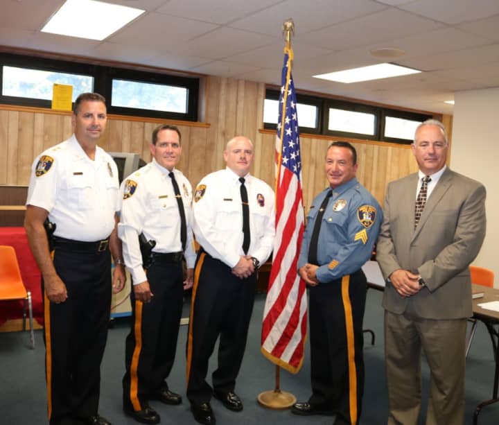 Left to right: Police Chief Robert Kugler, Capt. John Zotollo Jr., Lt. Leigh Cadigan, Sgt. Guiseppe Califano, Mayor Robert White.