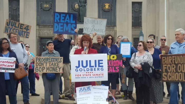 Julie Goldberg, a librarian from the town of Ramapo, launches her Democratic primary race for state Senate in a district that spans parts of Rockland and Westchester counties. The announcement came outside Rockland County Courthouse in New City.