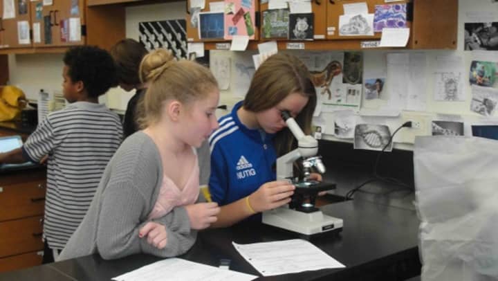 Seventh-graders at Irvington Middle School learn how to use a microscope in science class.