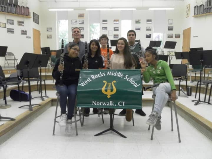 Jeff Bellagamba, back left, has taught music at West Rocks Middle School in Norwalk for 36 years.