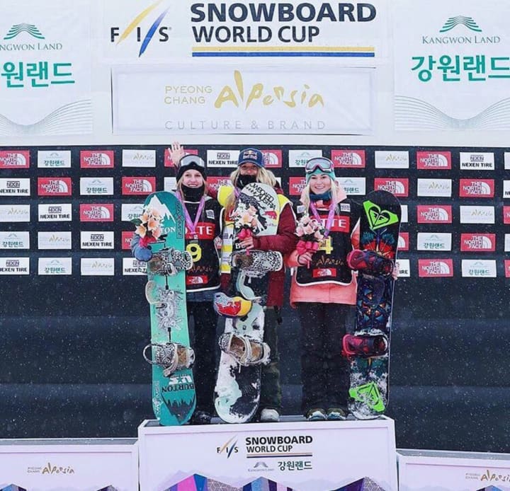 Julia Marino, left, of Westport, finished second last weekend in an international snowboarding competition in South Korea.