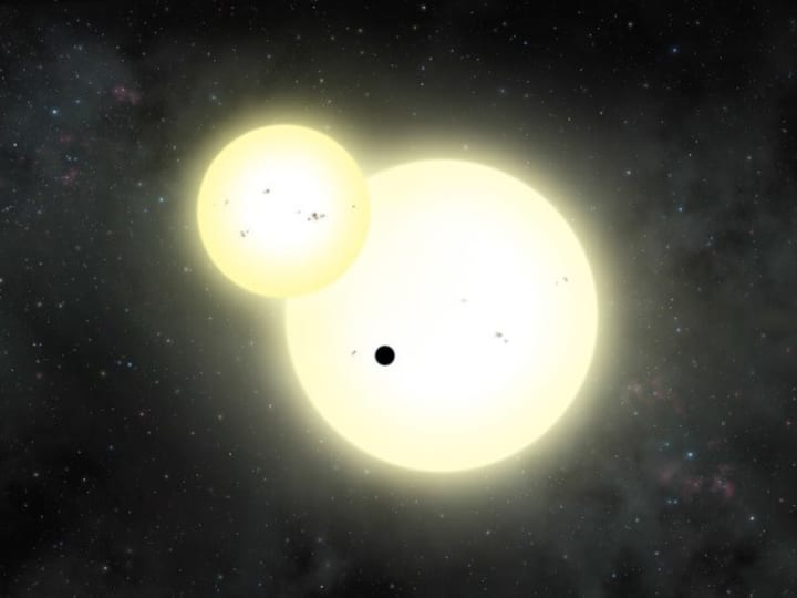 Artist&#x27;s impression of the simultaneous stellar eclipse and planetary transit events on Kepler-1647.