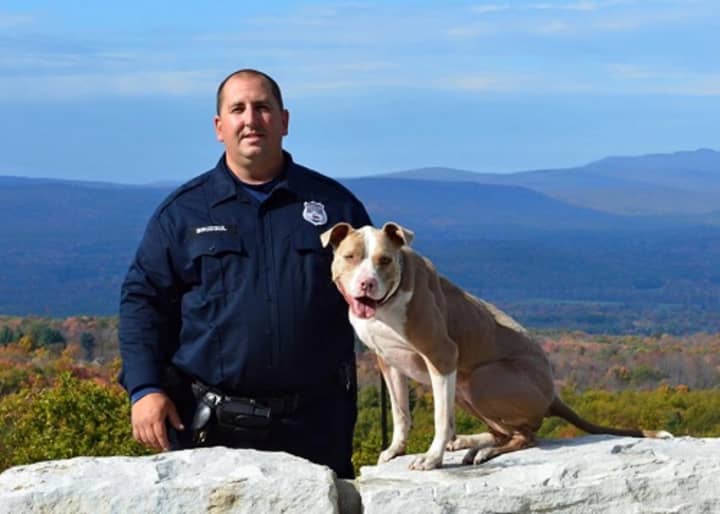 K-9 Kiah, shown with police partner, Officer Justin Bruzgul of the city of Poughkeepsie police department, has been nominated for a &quot;Hero Dog&quot; award, which is given out by the American Humane Society.