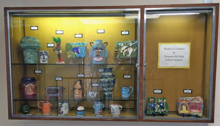 This ceramic showcase by students at Pleasantville High School is on exhibit at the Mount Pleasant Library through May 9.