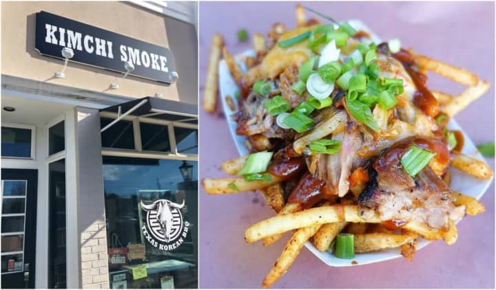 Kimchi Smoke&#x27;s new Westwood location and ChoLander Fries - fries loaded with smoked kimchi, cheddar cheese, pulled pork and fatboy sauce.