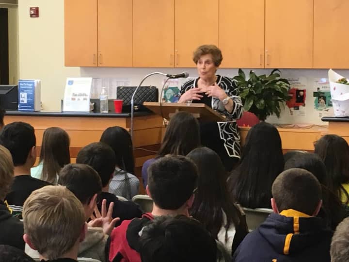 Betty Knoop, who survived the Holocaust, talks to eighth-graders at Peham Middle School about her experiences.