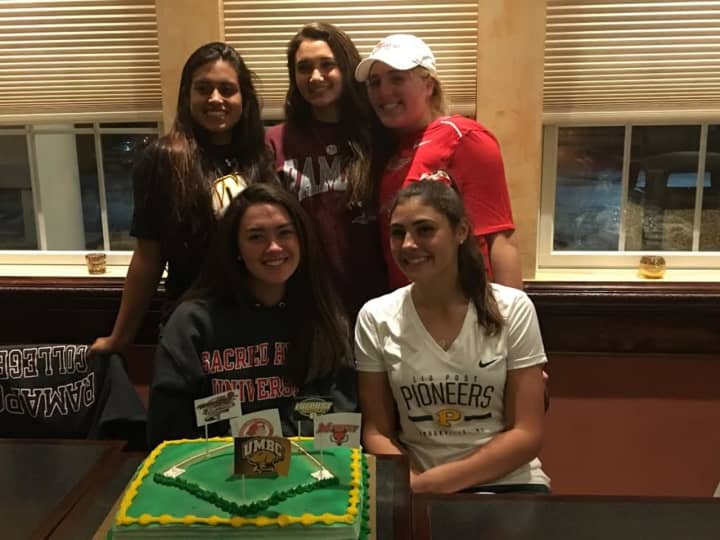 Five girls from Lakeland High School have announced they will play softball in college. In front are Colleen Walsh and Cameron Lischinsky, and in back (left to right) are Krista Verrino, Amber Badillo and Olivia Knopf.