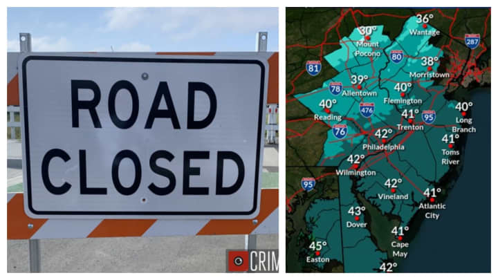 A road closure sign, Thursday's forecasts.&nbsp;