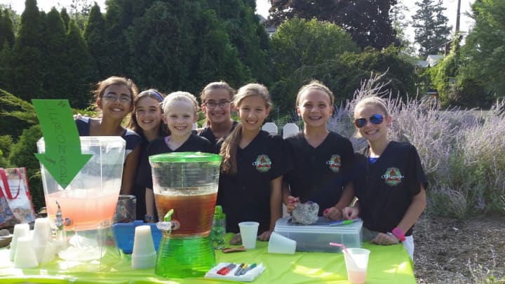 The girls at one of the fundraising lemonade stands they set up over the summer.