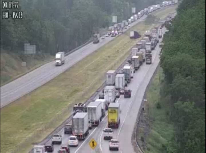 Back-up traffic follow an accident involving a tractor-trailer.