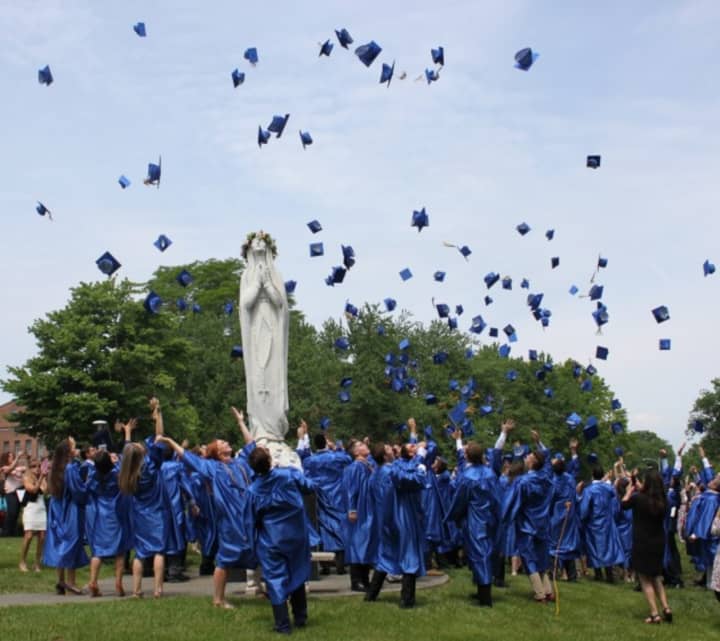 Graduates at the 2016 commencement exercises at Our Lady of Lourdes in Poughkeepsie toss their caps into the air last June 4.