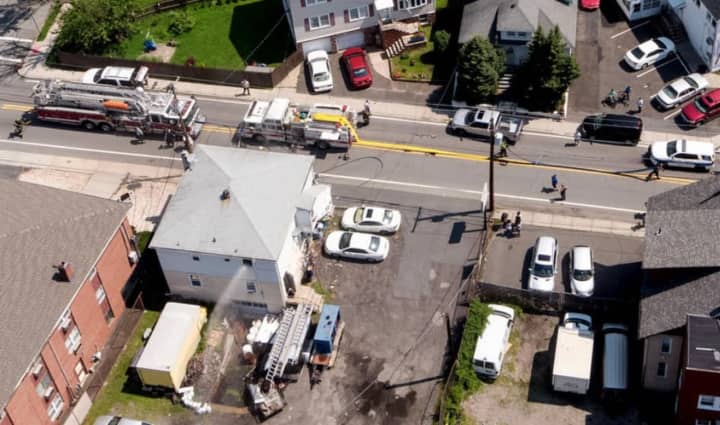 Aerial view of Wednesday&#x27;s fire on Riverview Avenue in Lyndhurst.