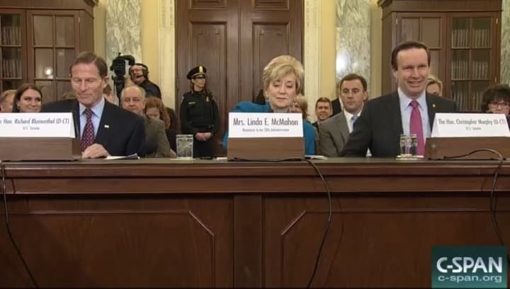 Linda McMahon is joined by U.S. Sen. Richard Blumenthal and U.S. Sen. Chris Murphy at her confirmation hearing Tuesday.