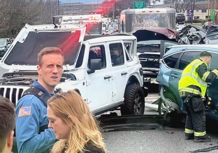 Moments after the chain-reaction crash ejected the corpse on Route 17 near Route 4 in Paramus.