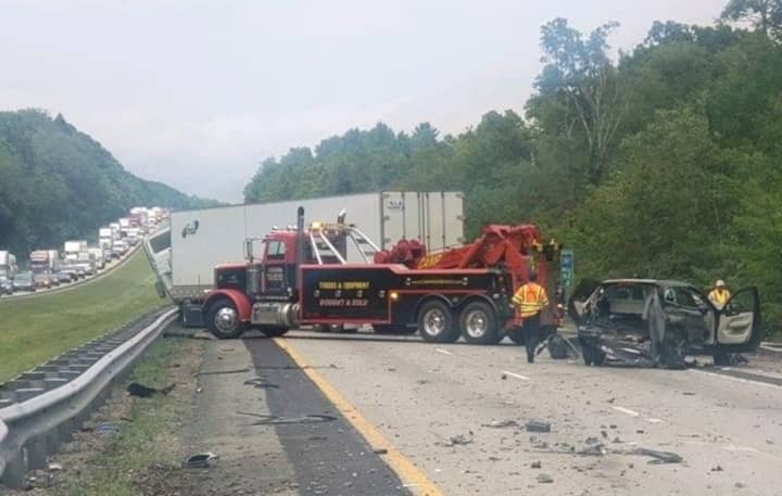 A heavy-duty wrecker was needed to remove the rig following the Thursday afternoon crash on Route 287 in Mahwah.