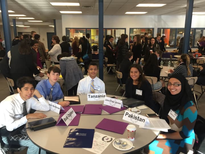 From left to right, Jonathan Cisneros, Ryan Basso, Eli Taylor-Lemire, Karmen Pantoja and Larabe Iqbal. Pantoja, a senior, won an award for the best position paper at the Model UN conference.