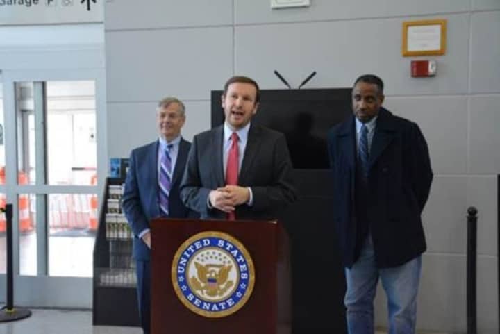 U.S. Sen. Chris Murphy (D-Conn.) at the Stamford Train Station with Connecticut Transportation Commissioner Jim Redeker (left) and State Rep. Terry Adams (right).