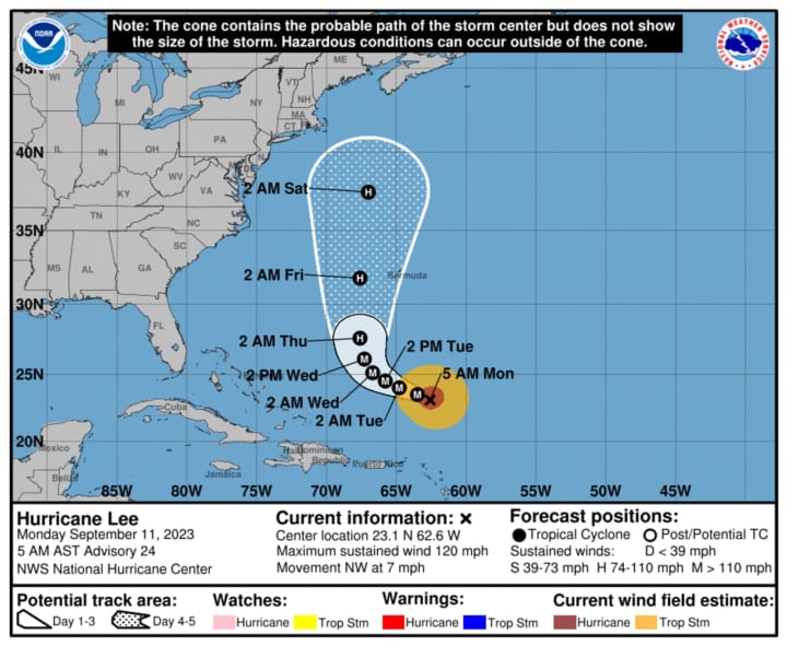 Hurricane Lee&#x27;s projected path through Saturday, Sept. 16.