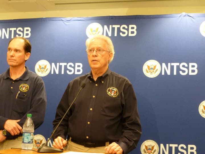 NTSB members Earl Weener, right, and Michael Hiller during a press conference Saturday about Friday&#x27;s Metro-North train crash on the Bridgeport/Fairfield border.