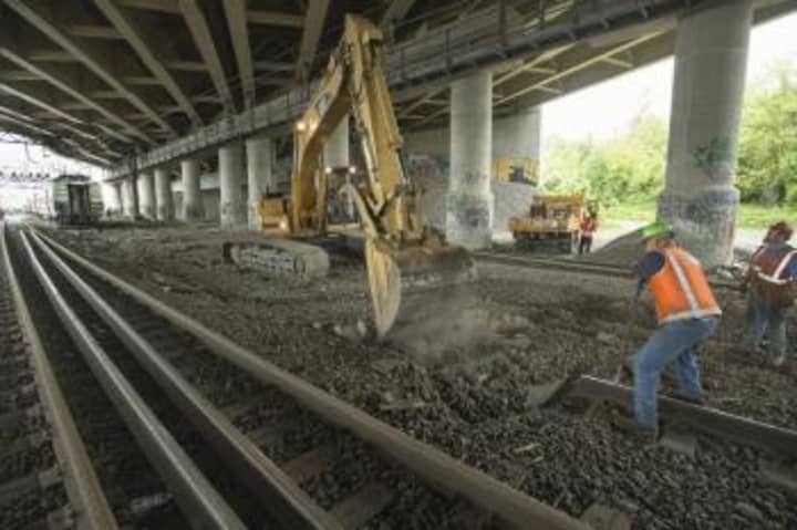 Construction crews have replaced one of the two tracks damaged in Friday&#x27;s accident on the Fairfield-Bridgeport border. The second is expected to be finished Tuesday night.