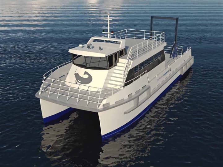 Rendering of the hybrid catamaran commissioned by the Maritime Aquarium at Norwalk, and built by Robert E. Derecktor Inc. of Mamaroneck, N.Y. 