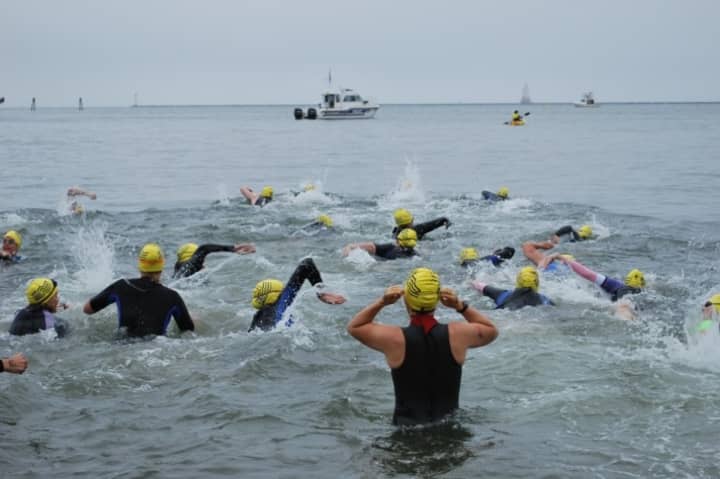 Swimmers head out on Long Island Sound for the Swim Across America in Greenwich and Stamford.