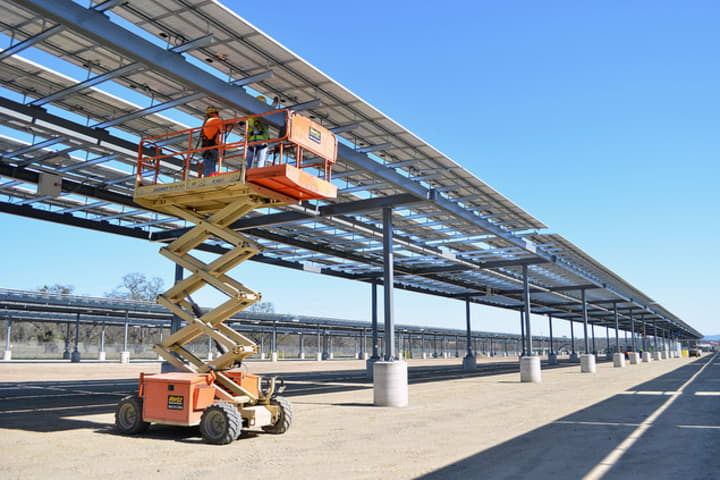 Solar panel canopies like these will soon be installed in the parking lot of Fairfield&#x27;s Recreation Center, providing the town with clean power and drivers with an electric car charging station.