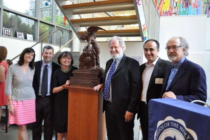 Lulu Sandes, Colm MacMahon, Ann Sullivan, Antonio Rutigliano and Greg Wyatt at the unveiling of Wyatt&#x27;s piece &quot;Two Sculptors&quot; at School of the Holy Child in Rye.