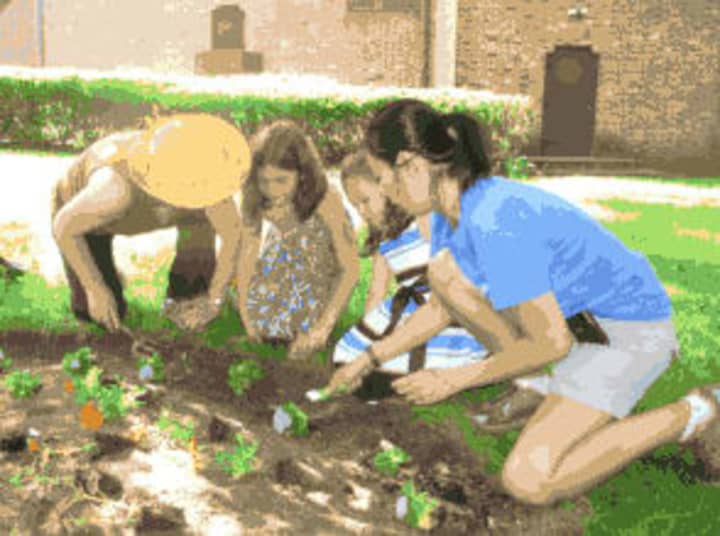 Students plant outside of The Chapel School in Bronxville.