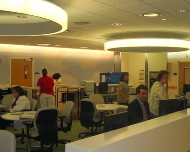 The central physicians area in the Maria Fareri Children&#x27;s Hospital at Westchester Medial Center.