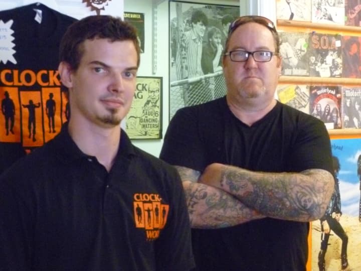 Clockwork Records owner Mike James, right, and Jake Shaps welcome vinyl record lovers to their store in Hastings.