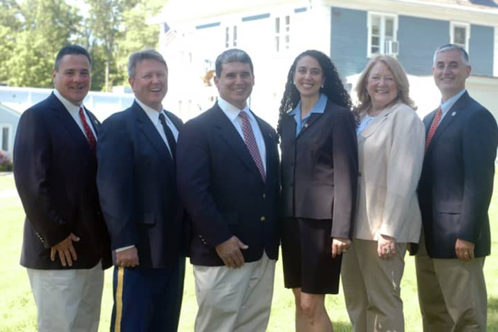 The Lewisboro Conservative candidates are (from left) Marc Seedorf, Frank Kelly, Tom Fischetti, Andrea Rendo, Deirdre Casper and Peter DeLucia.