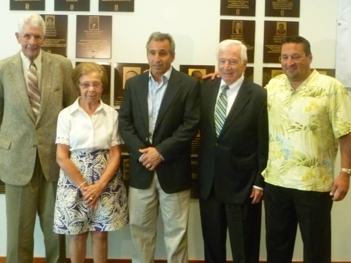The 2013 Fairfield County Hall of Fame Class: Earl Lavery, Barbara Rioux (mother of Allyson), Dennis Paglialunga, Don Cook, and Mark Hirschbeck. Not Pictured: James Blake. 