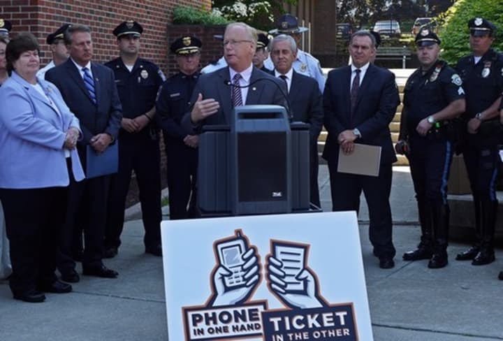 Danbury Mayor Mark Boughton announces a cooperative effort to help stop texting and driving in the state.