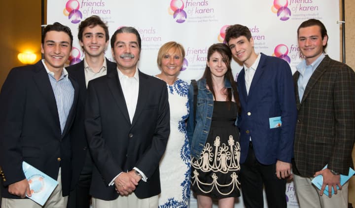 Friends of Karen honoree and Chappaqua native Palma Patti (center) with husband, Perry Cacace, sons Lucas, Zane, Hayden and Derek and friend Danielle Hartzband.