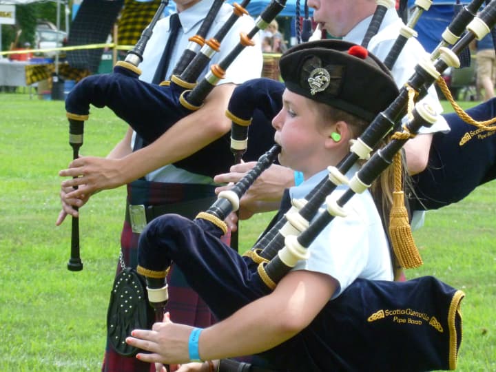One of the young bag pipers at the 90th annual Scottish Round Hill Highland Games at Cranbury Park in Norwalk.