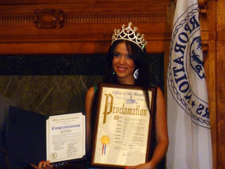 Kristy Abreu was crowned Miss Westchester in September 2012.  Shown here, following her win, she was honored at Yonkers City Hall.