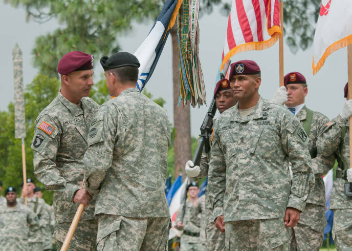 Buchanan native Lt. Gen. Joseph Anderson, left, receives the XVIII Airborne Corps colors from Gen. Daniel B. Allyn as Anderson  assumes command of the XVIII Airborne Corps at Fort Bragg, N.C.