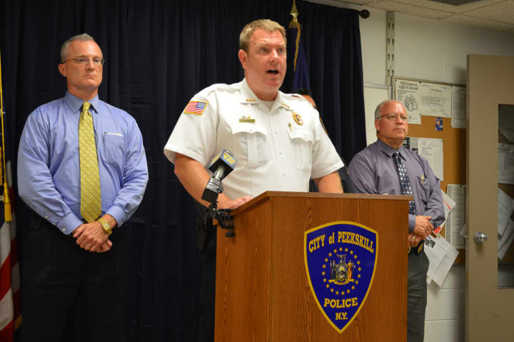 Peekskill Police Chief Eric Johansen addresses the media Monday afternoon to announce police identified the body recovered from the Hudson River as Cortlandt Manor&#x27;s Michael Varella. 